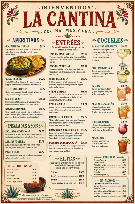 Professional Mexican restaurant menu design – La Cantina
