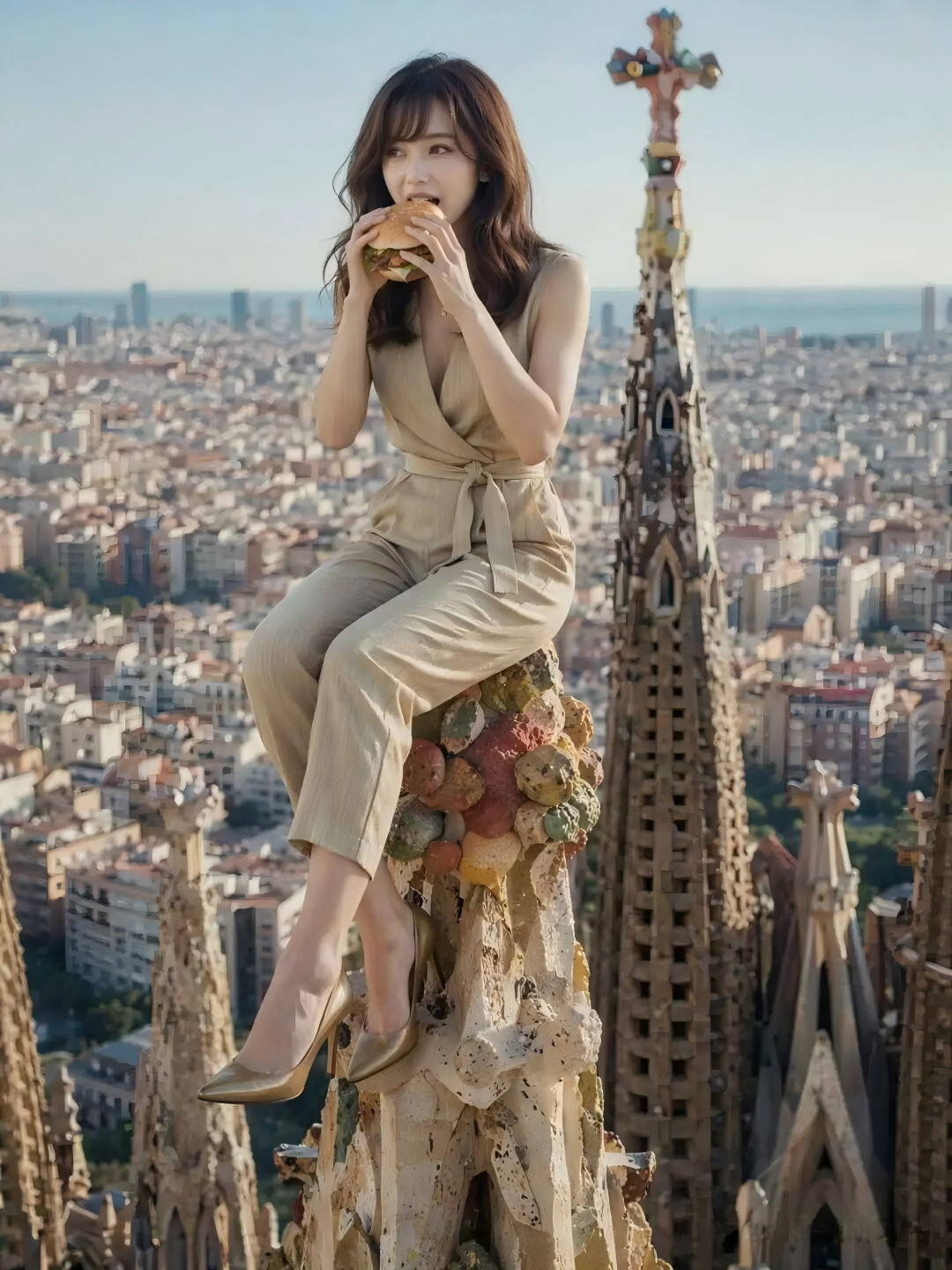 Surreal portrait – woman sitting atop Sagrada Familia, Barcelona