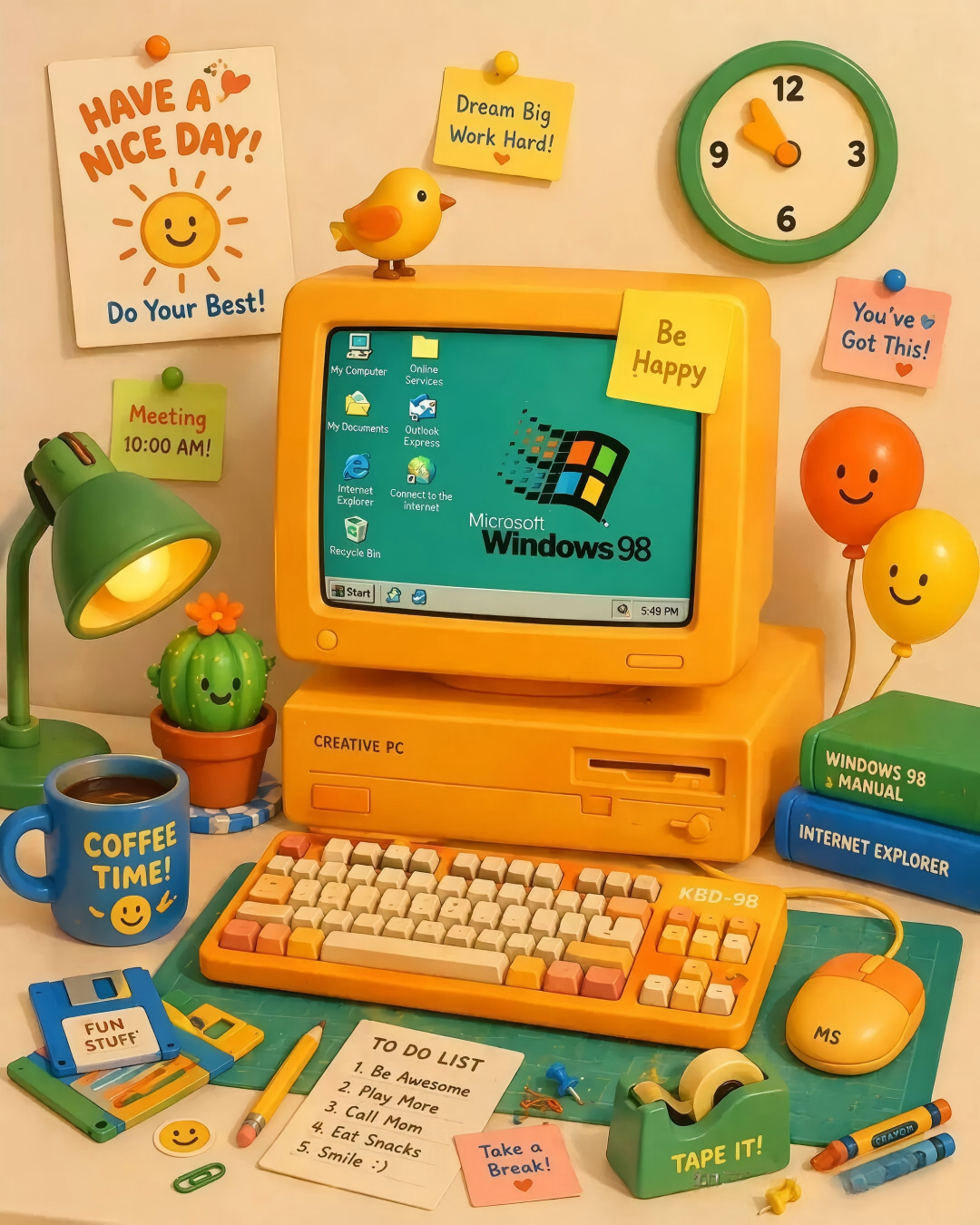 Colorful retro Windows 98 desktop scene in 3D miniature art style
